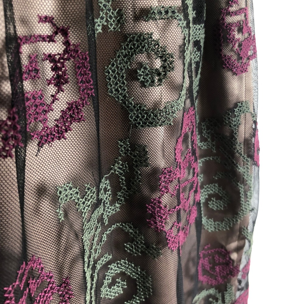 SUNDANCE Embroidered Mesh Fit Flare Midi Dress Sz 4 Tan Green Burgundy Floral - Picture 12 of 13